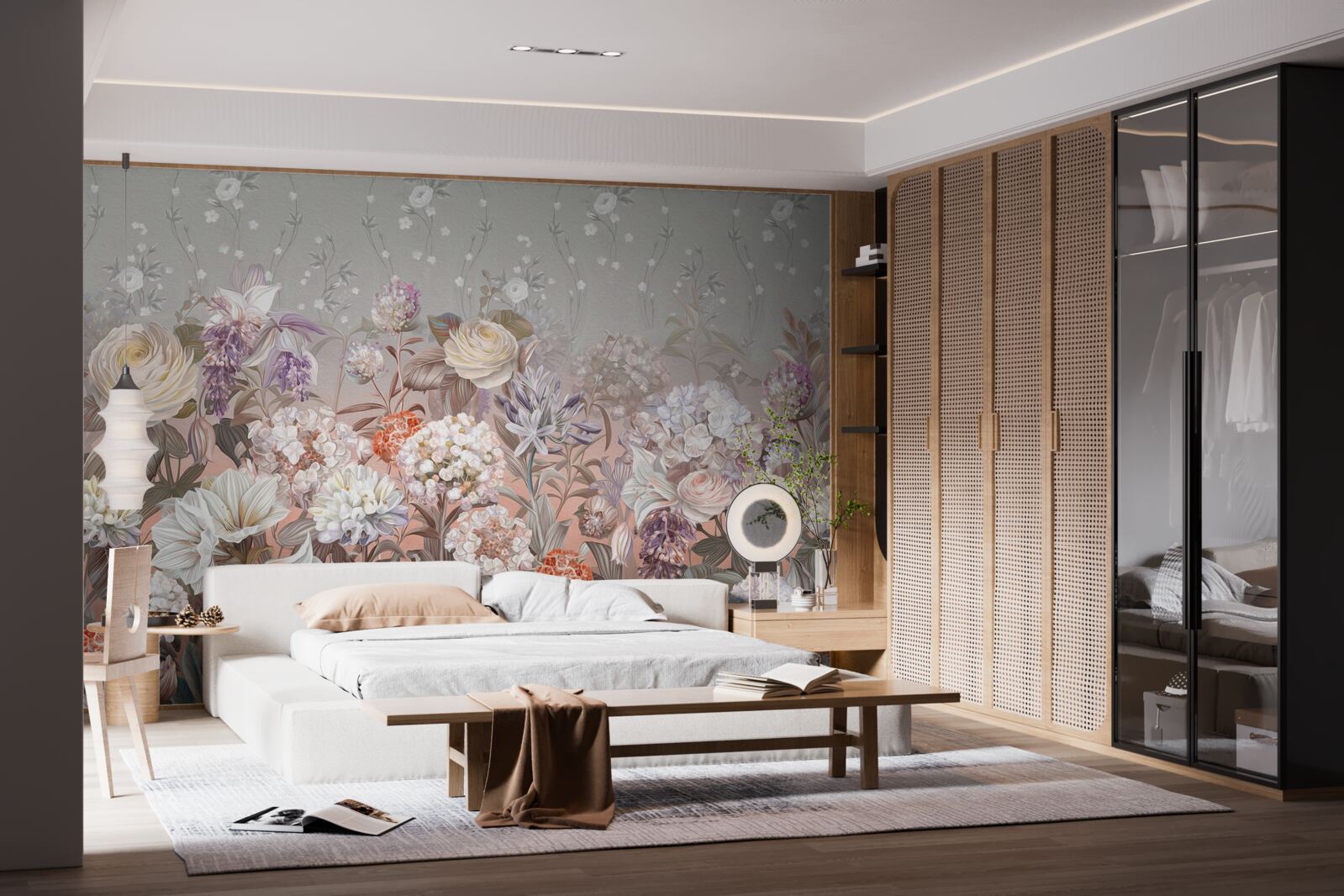 Papier peint fleurs dans un pré sous un ciel nocturne