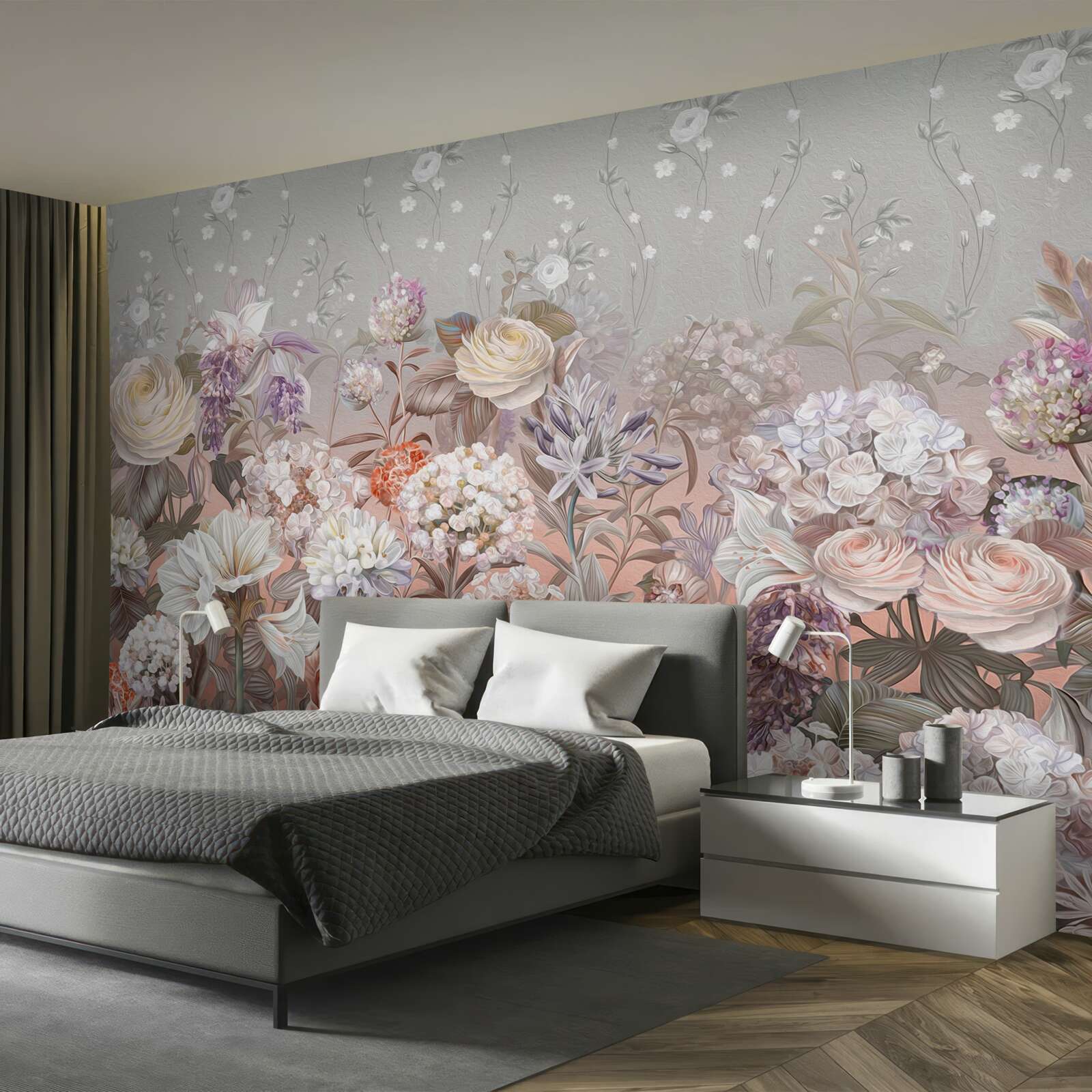 Papier peint fleurs dans un pré sous un ciel nocturne