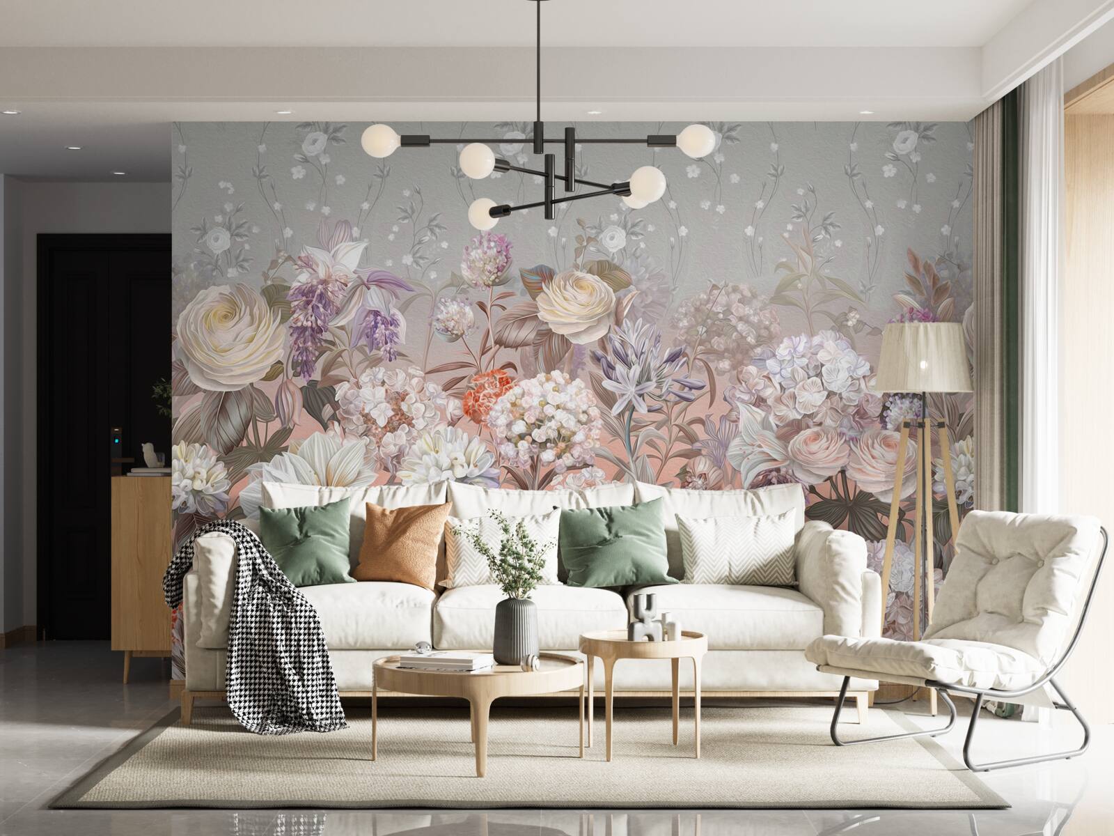 Papier peint fleurs dans un pré sous un ciel nocturne