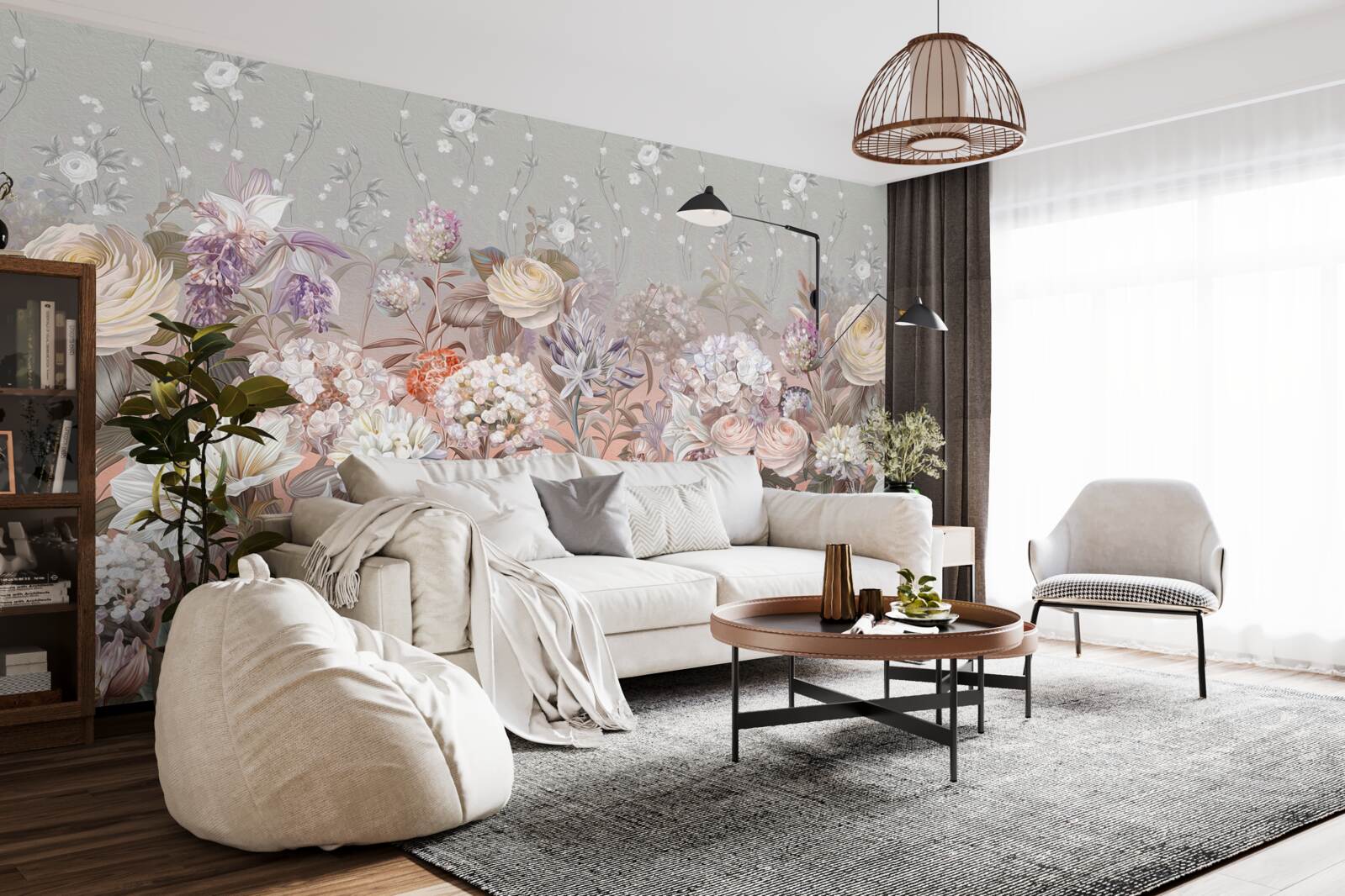 Papier peint fleurs dans un pré sous un ciel nocturne