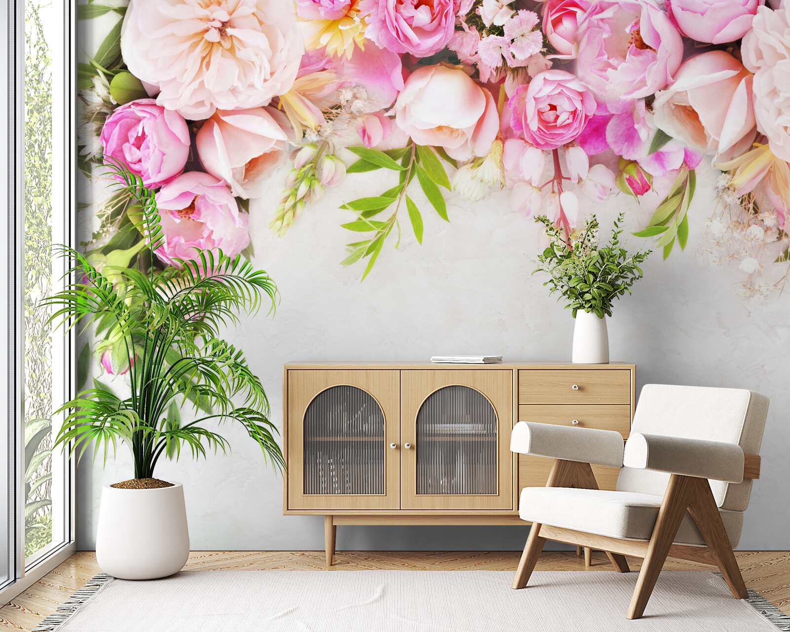 Papier peint branche avec des fleurs blanches et roses