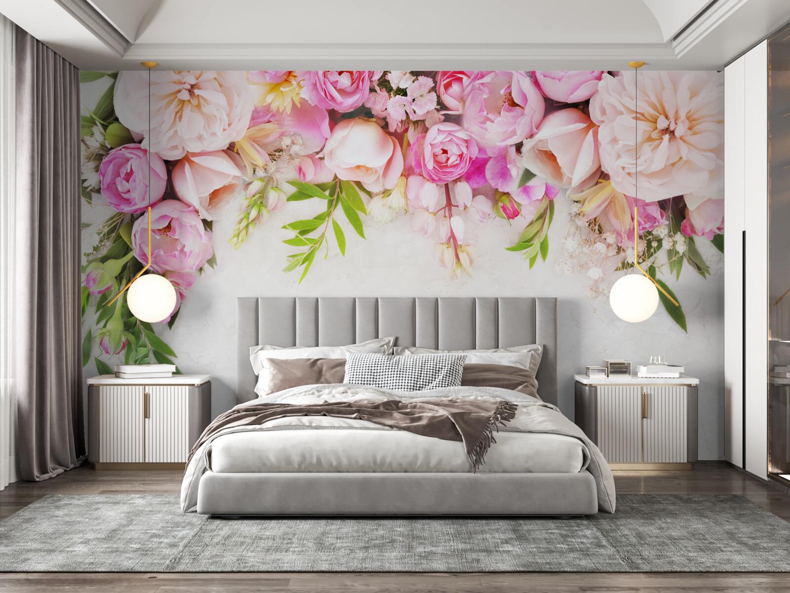 Papier peint branche avec des fleurs blanches et roses