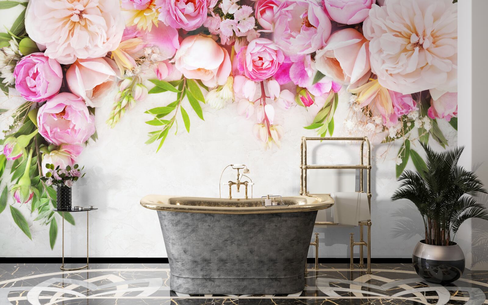 Papier peint branche avec des fleurs blanches et roses