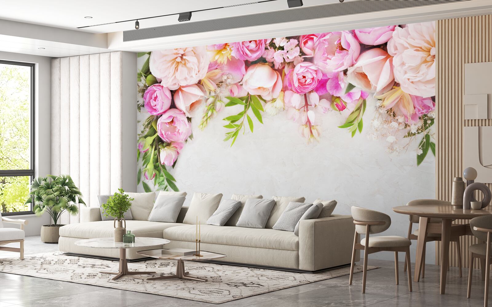 Papier peint branche avec des fleurs blanches et roses