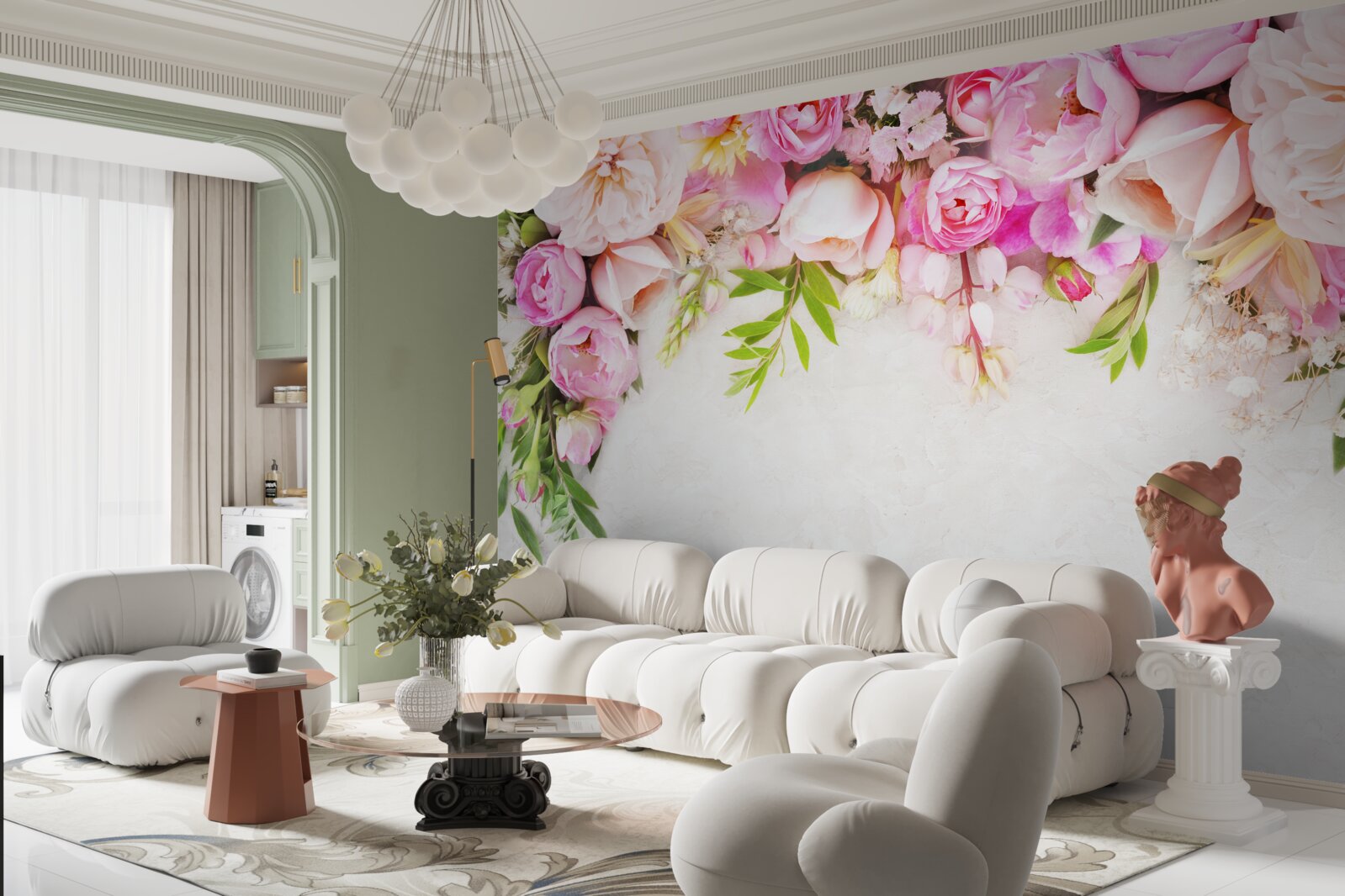 Papier peint branche avec des fleurs blanches et roses