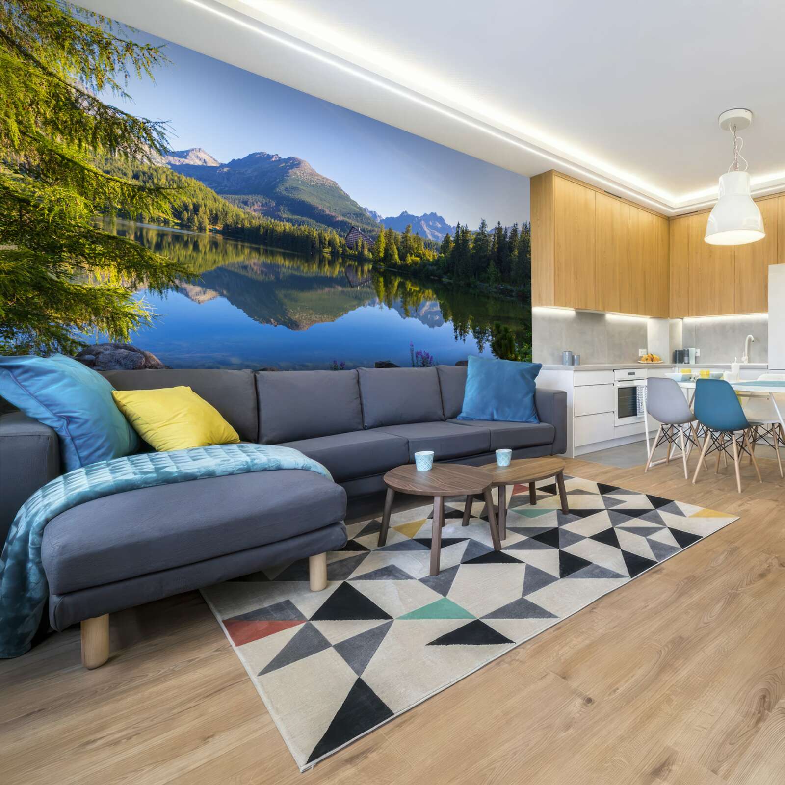 Papier peint une journée ensoleillée au bord d'une rivière de montagne calme