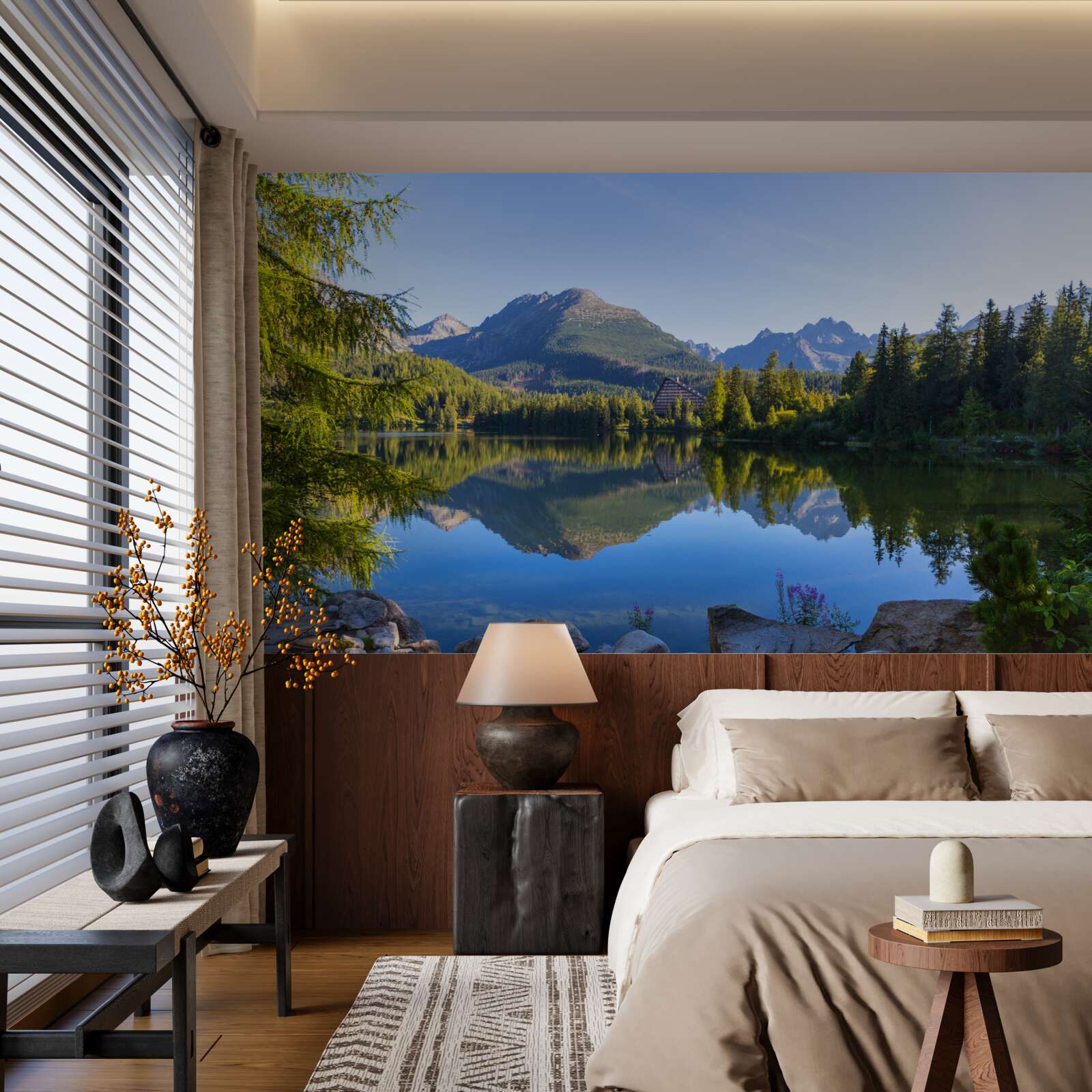 Papier peint une journée ensoleillée au bord d'une rivière de montagne calme