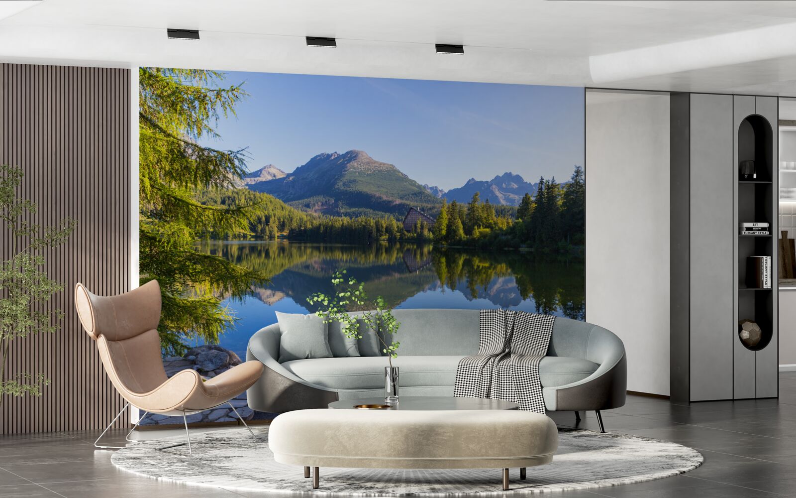 Papier peint une journée ensoleillée au bord d'une rivière de montagne calme