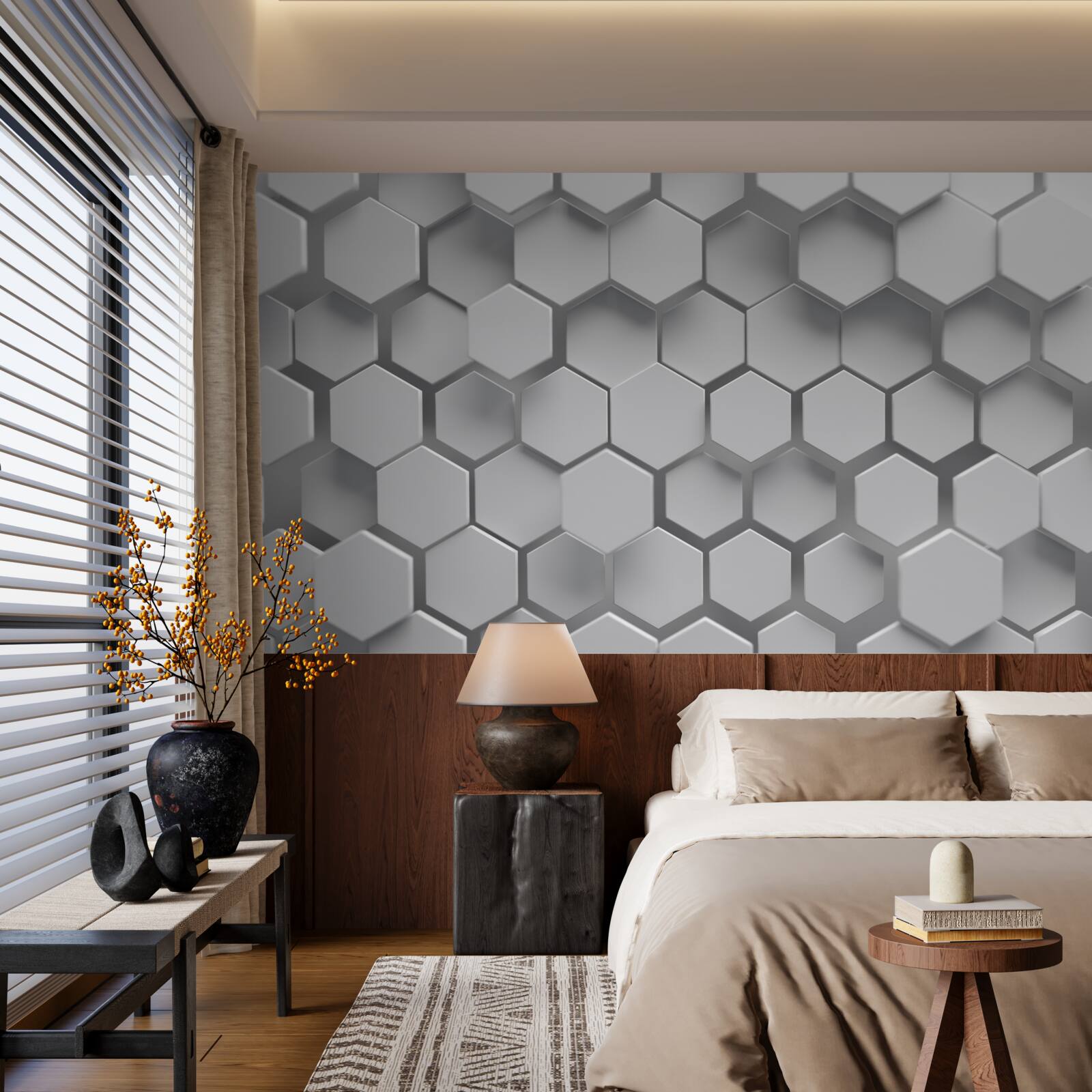 Papier peint hexagones convexes gris