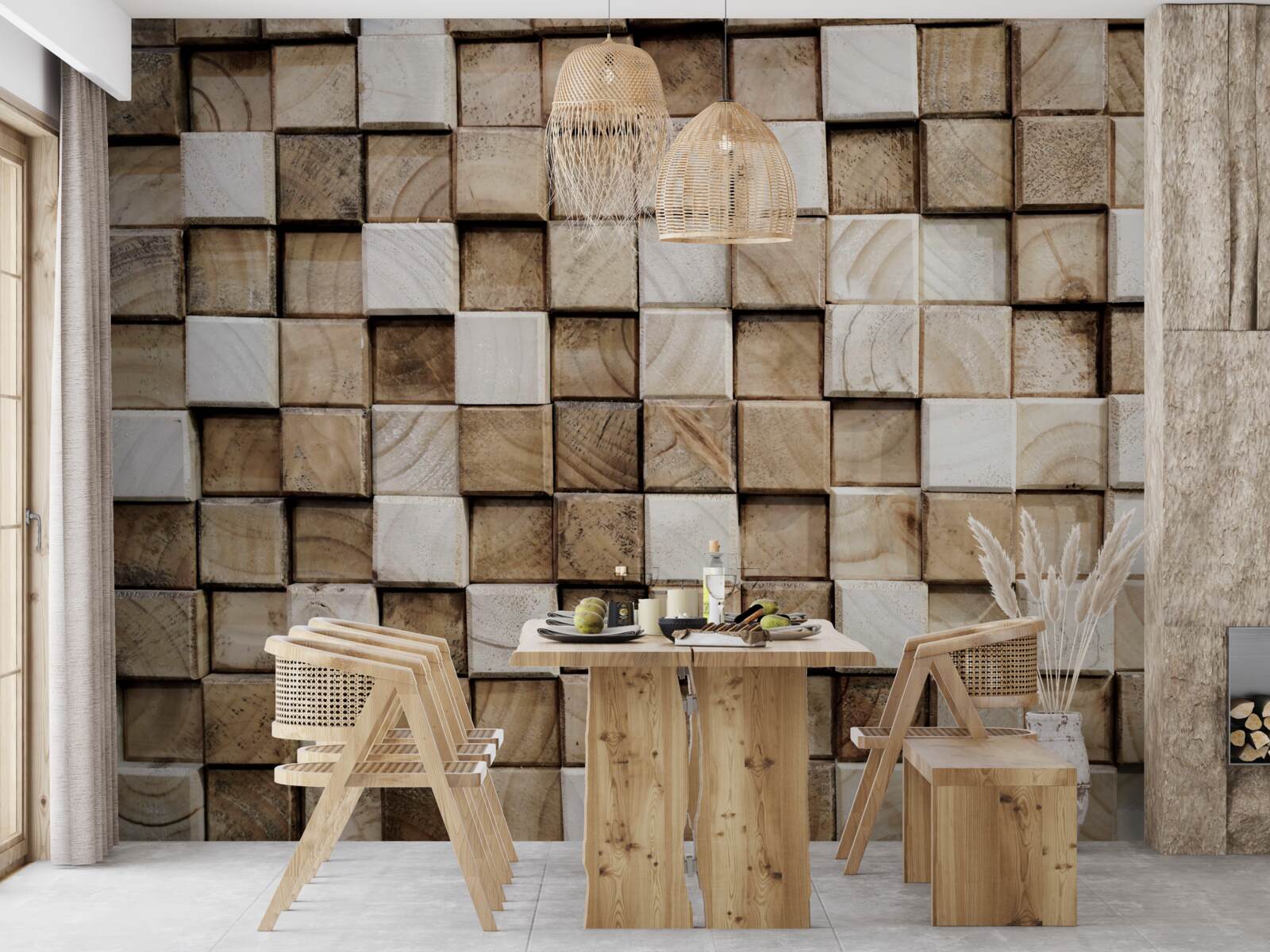 Papier peint constructions volumétriques carrées en bois blanc