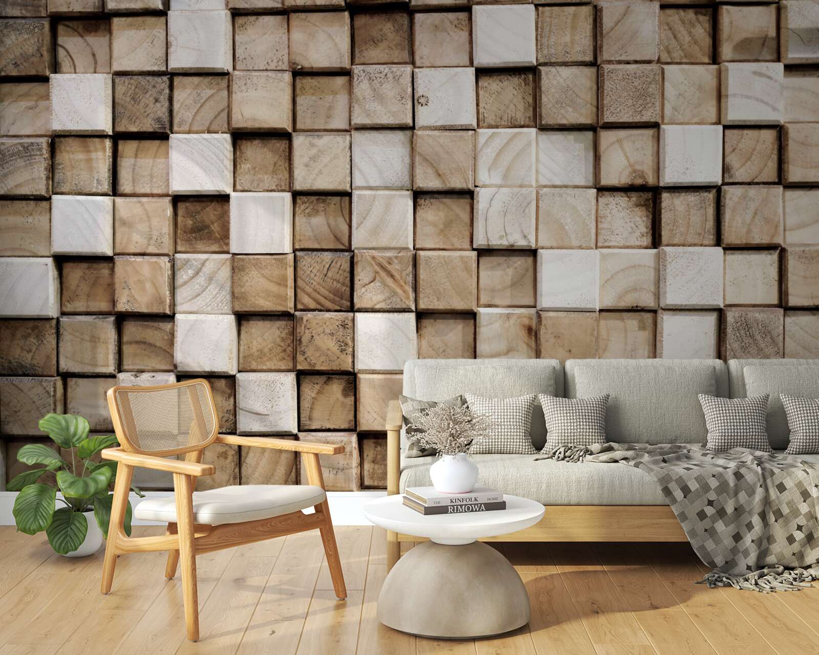 Papier peint constructions volumétriques carrées en bois blanc