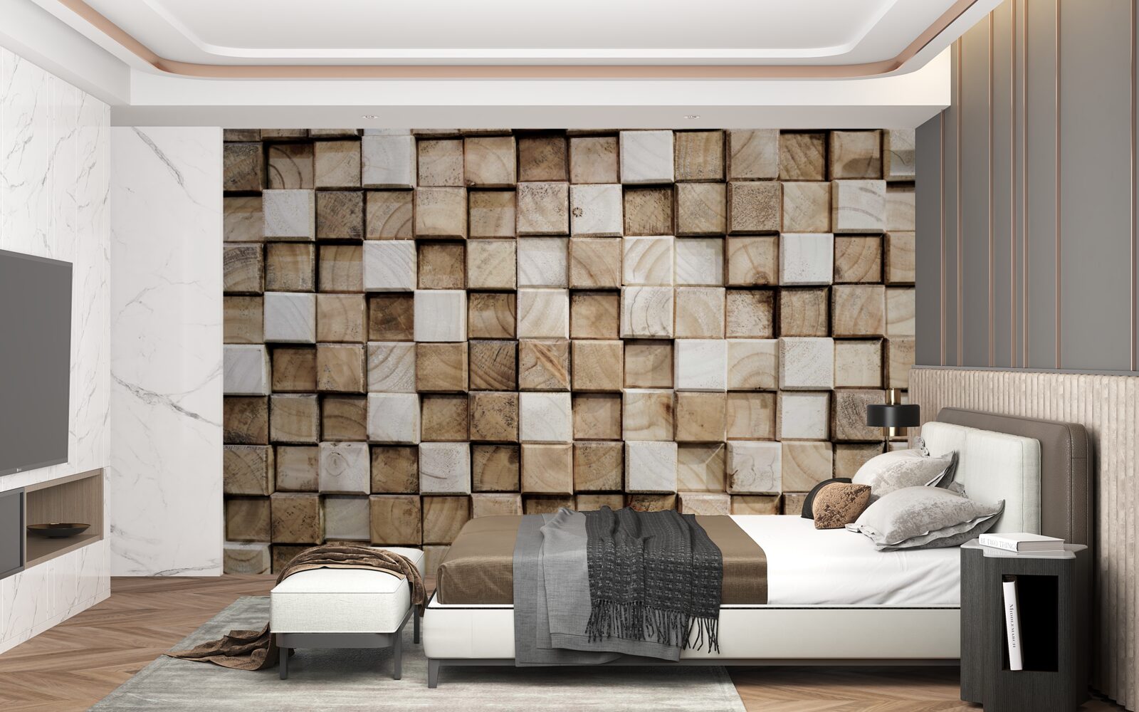 Papier peint constructions volumétriques carrées en bois blanc