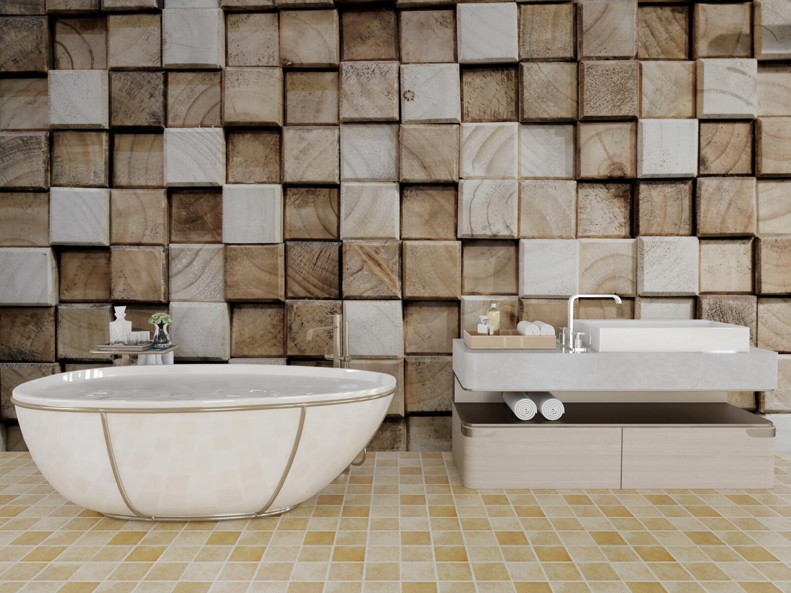 Papier peint constructions volumétriques carrées en bois blanc