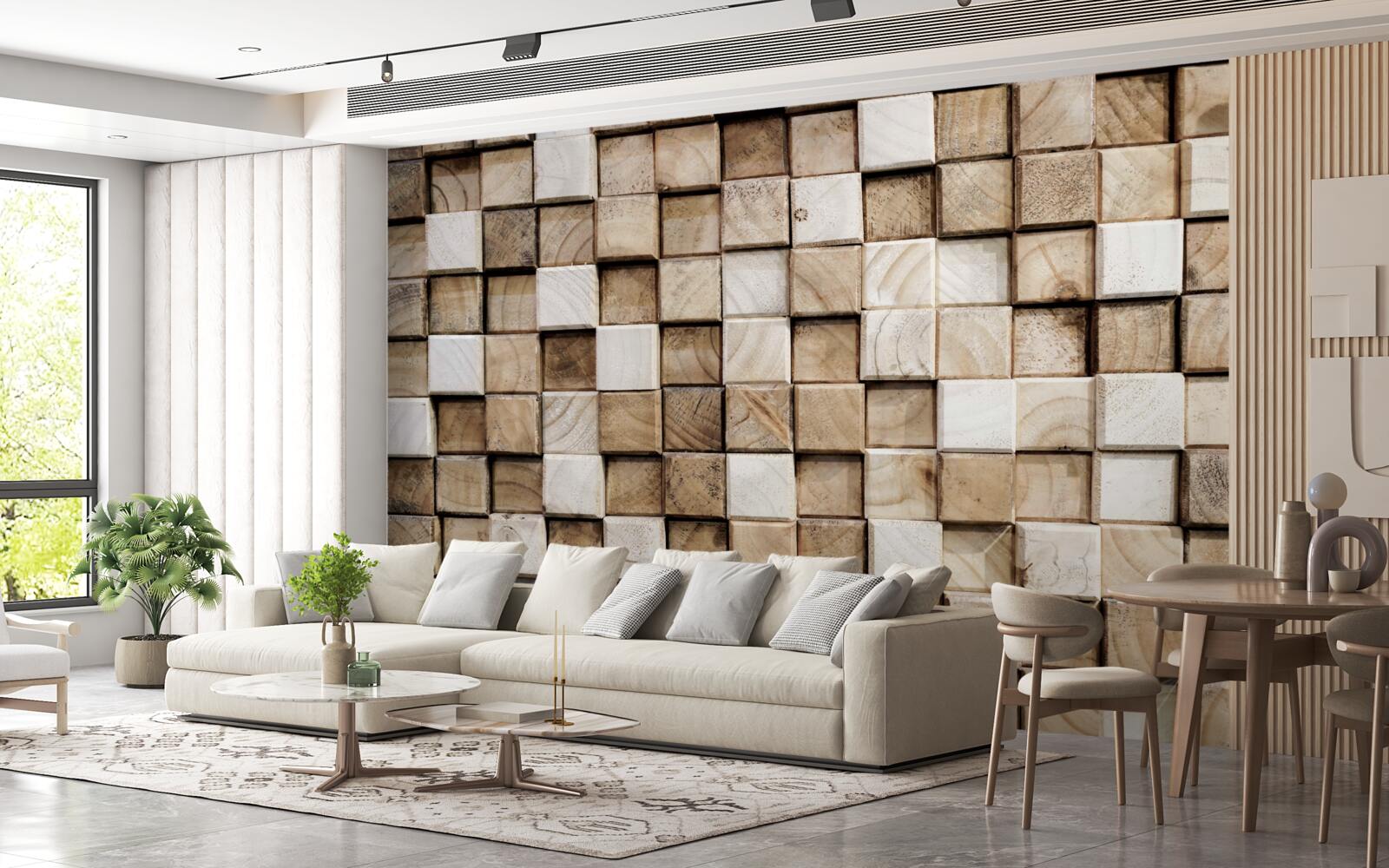 Papier peint constructions volumétriques carrées en bois blanc