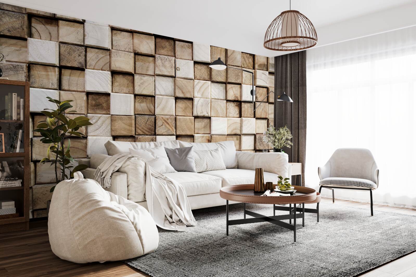 Papier peint constructions volumétriques carrées en bois blanc