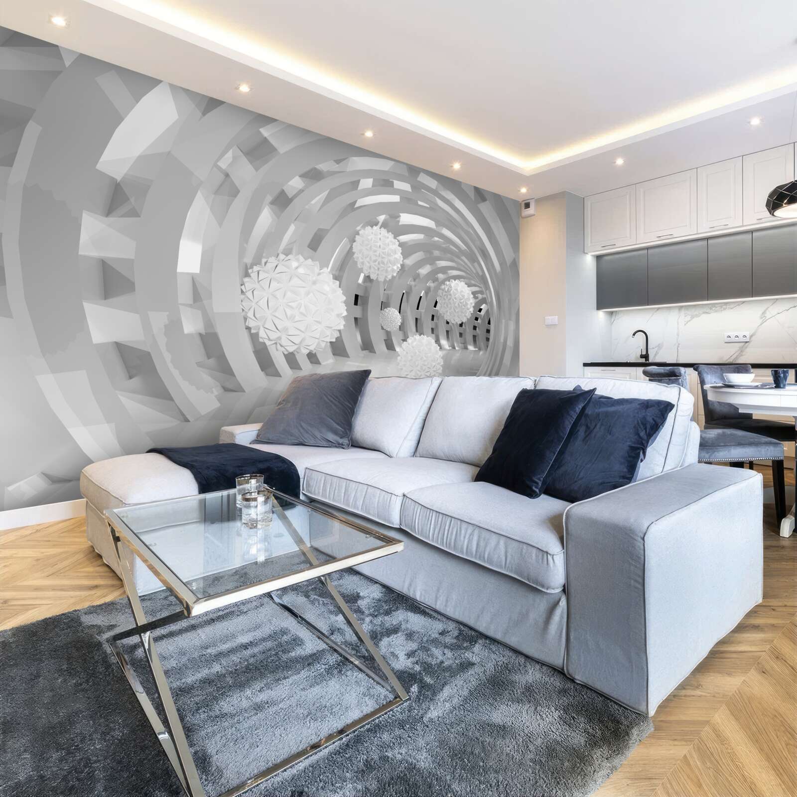 Papier peint arches rondes avec boules blanches