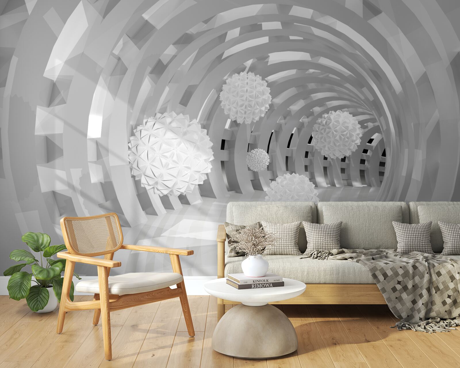 Papier peint arches rondes avec boules blanches