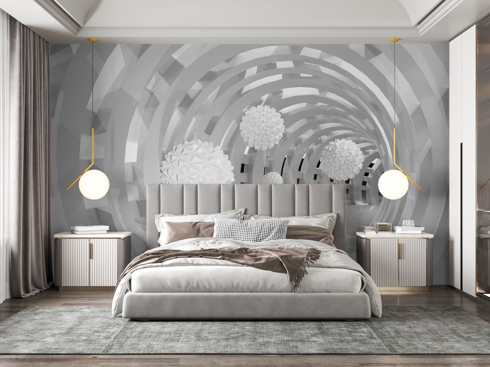 Papier peint arches rondes avec boules blanches