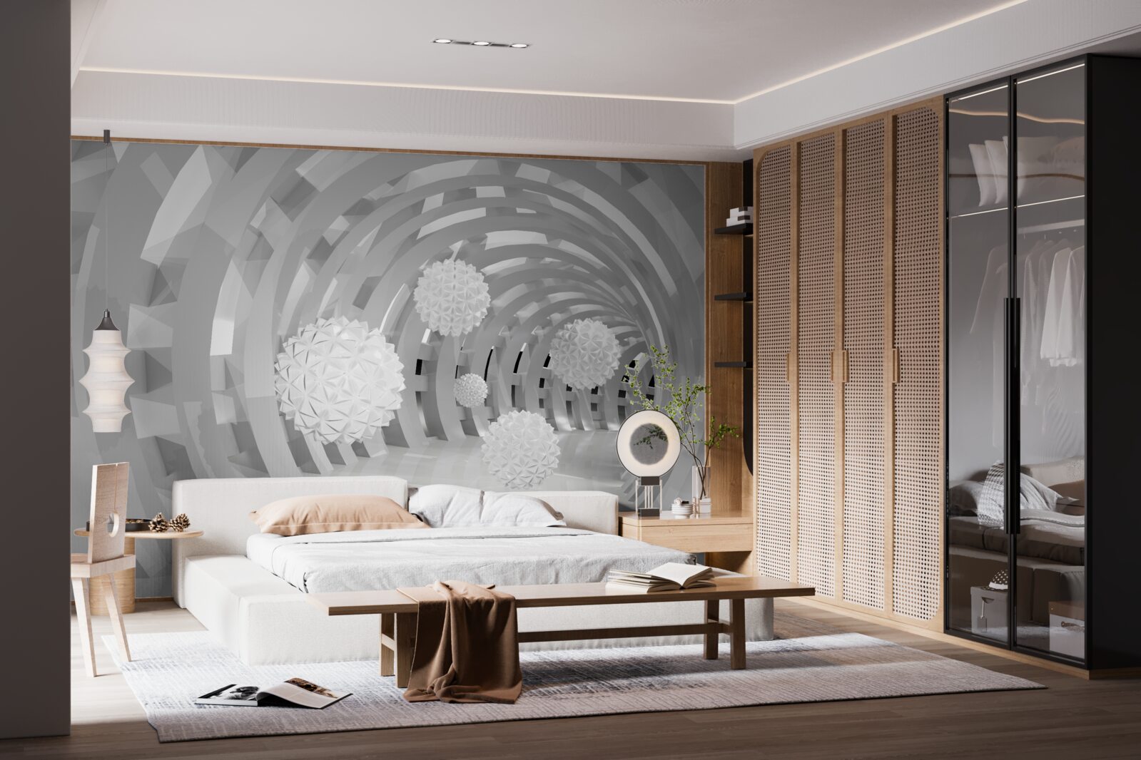 Papier peint arches rondes avec boules blanches