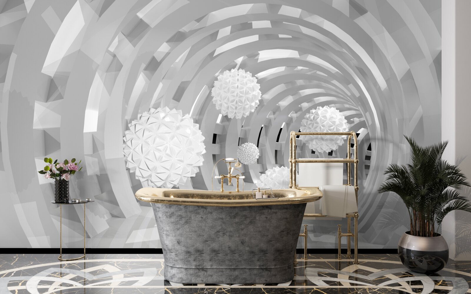 Papier peint arches rondes avec boules blanches