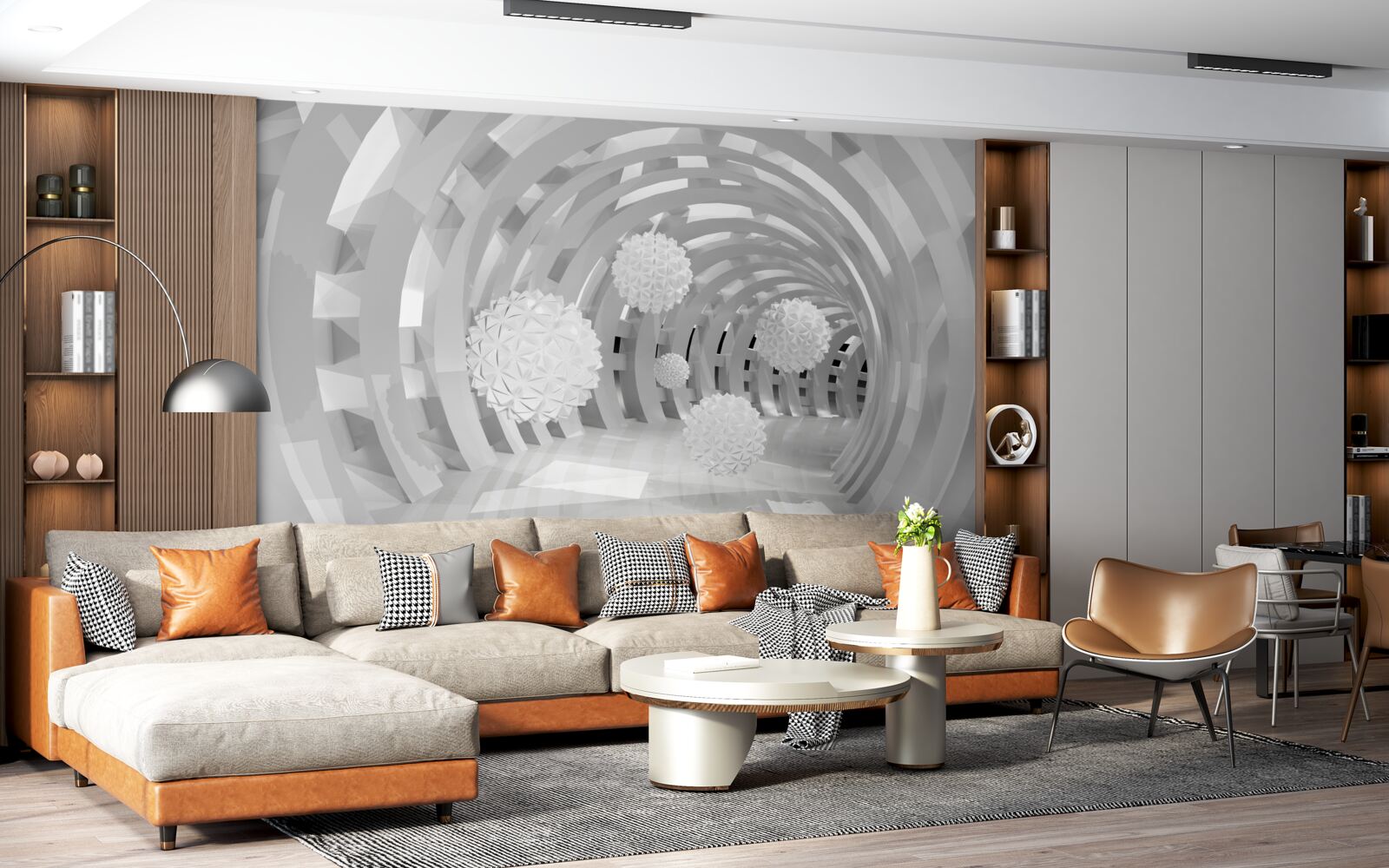 Papier peint arches rondes avec boules blanches