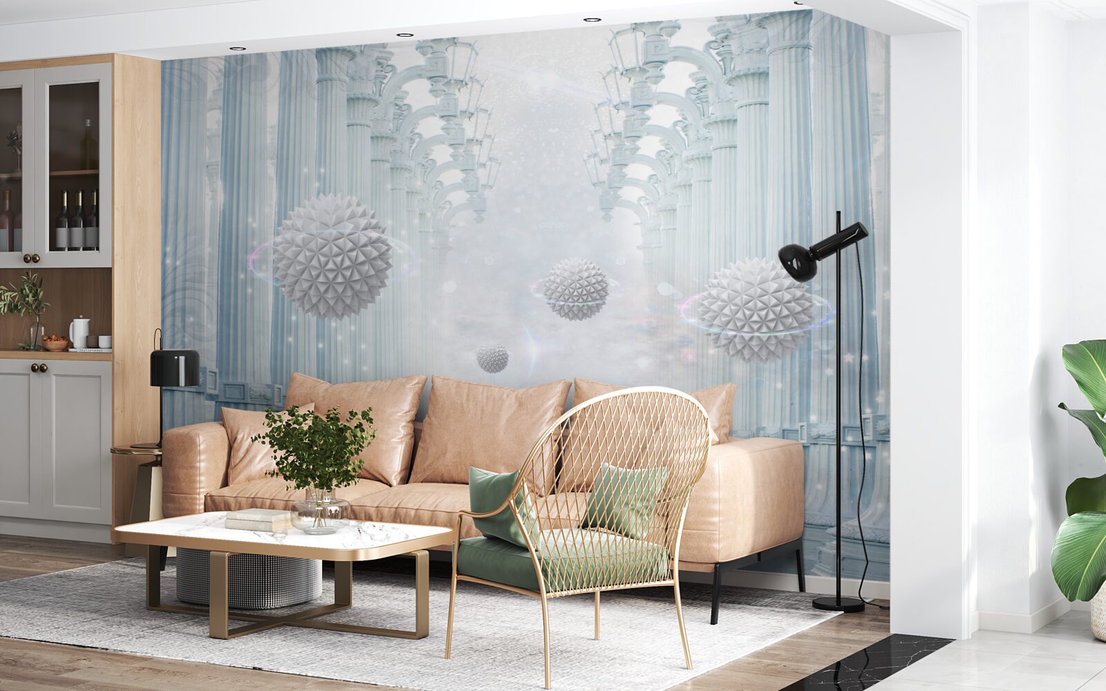 Papier peint Colonnade de l'infini et boules blanches