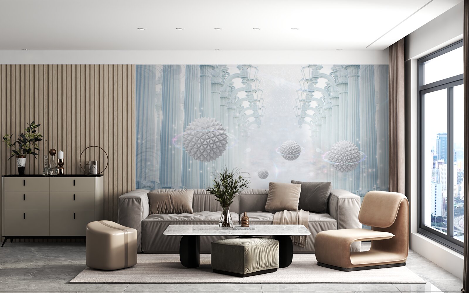 Papier peint Colonnade de l'infini et boules blanches