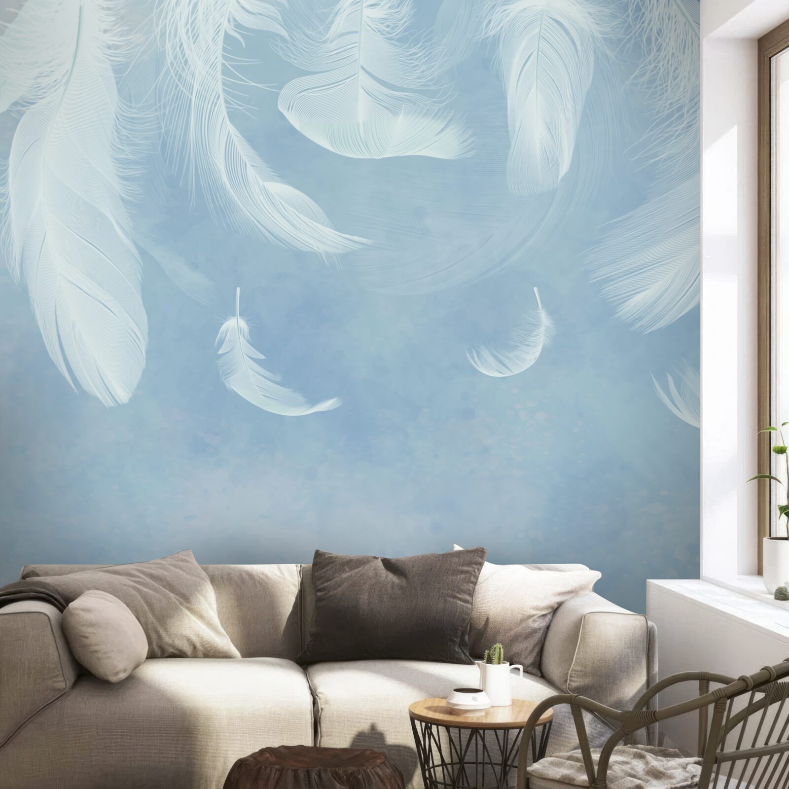 Papier peint plumes blanches tombant facilement