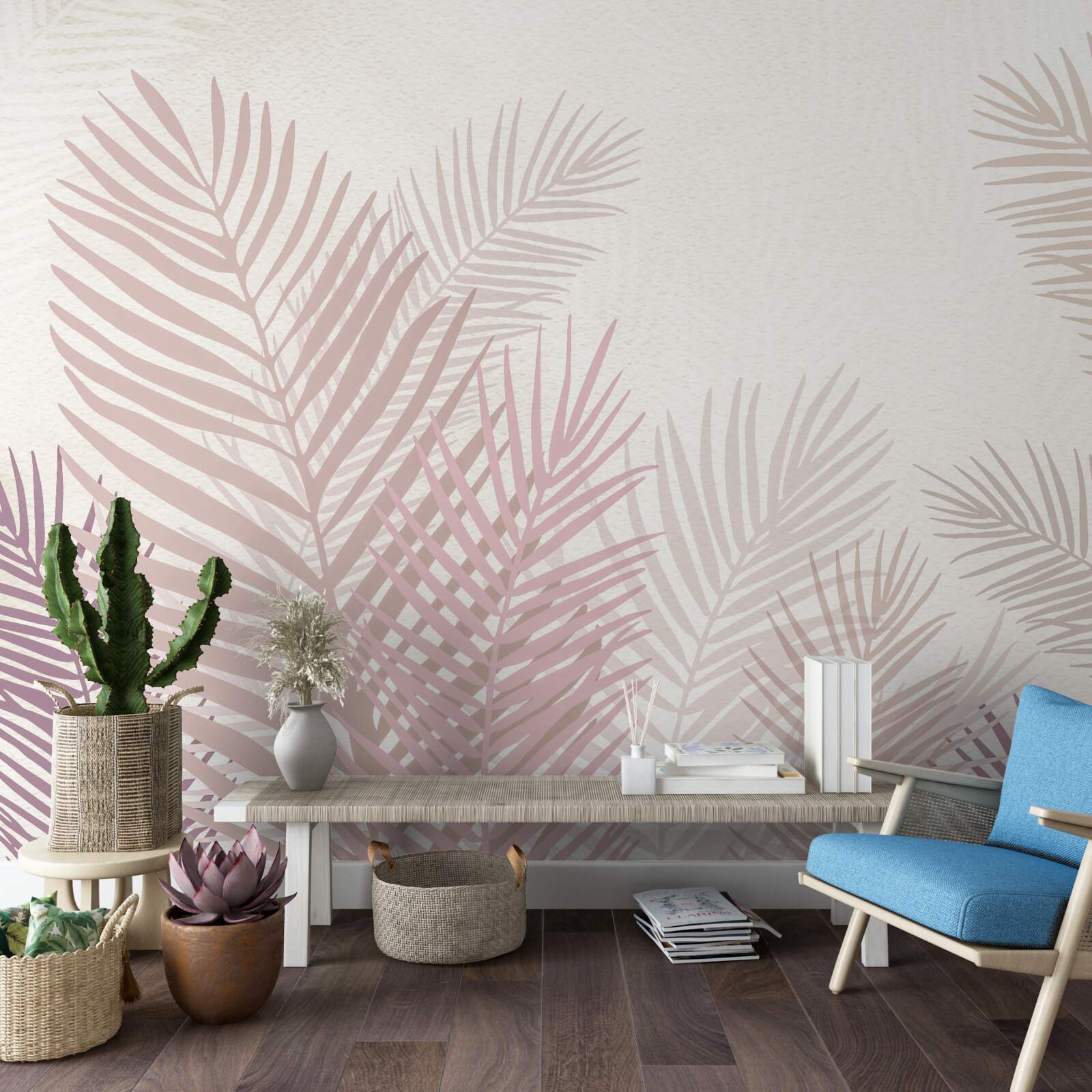 Papier peint saison des pluies et feuilles de fougères roses