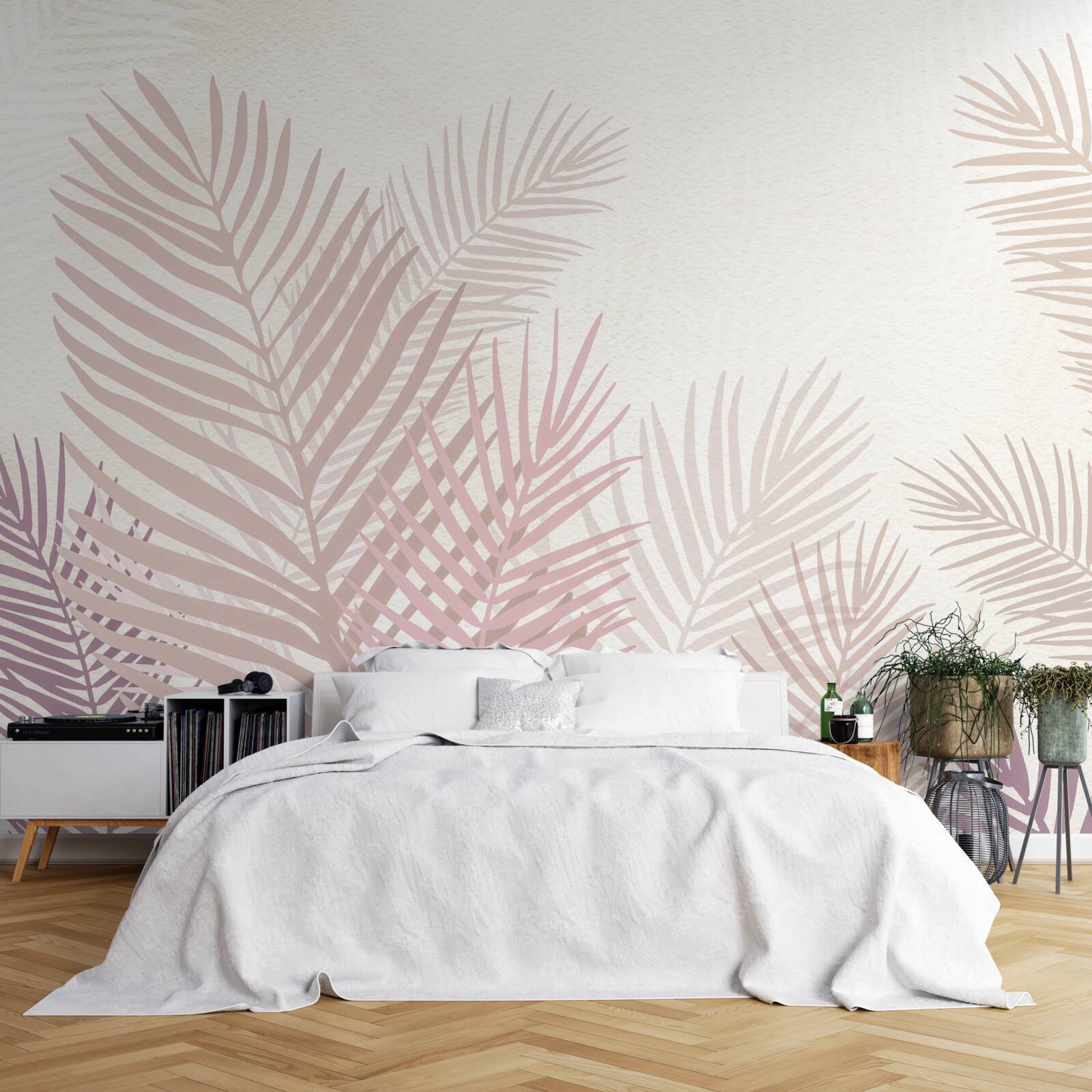 Papier peint saison des pluies et feuilles de fougères roses