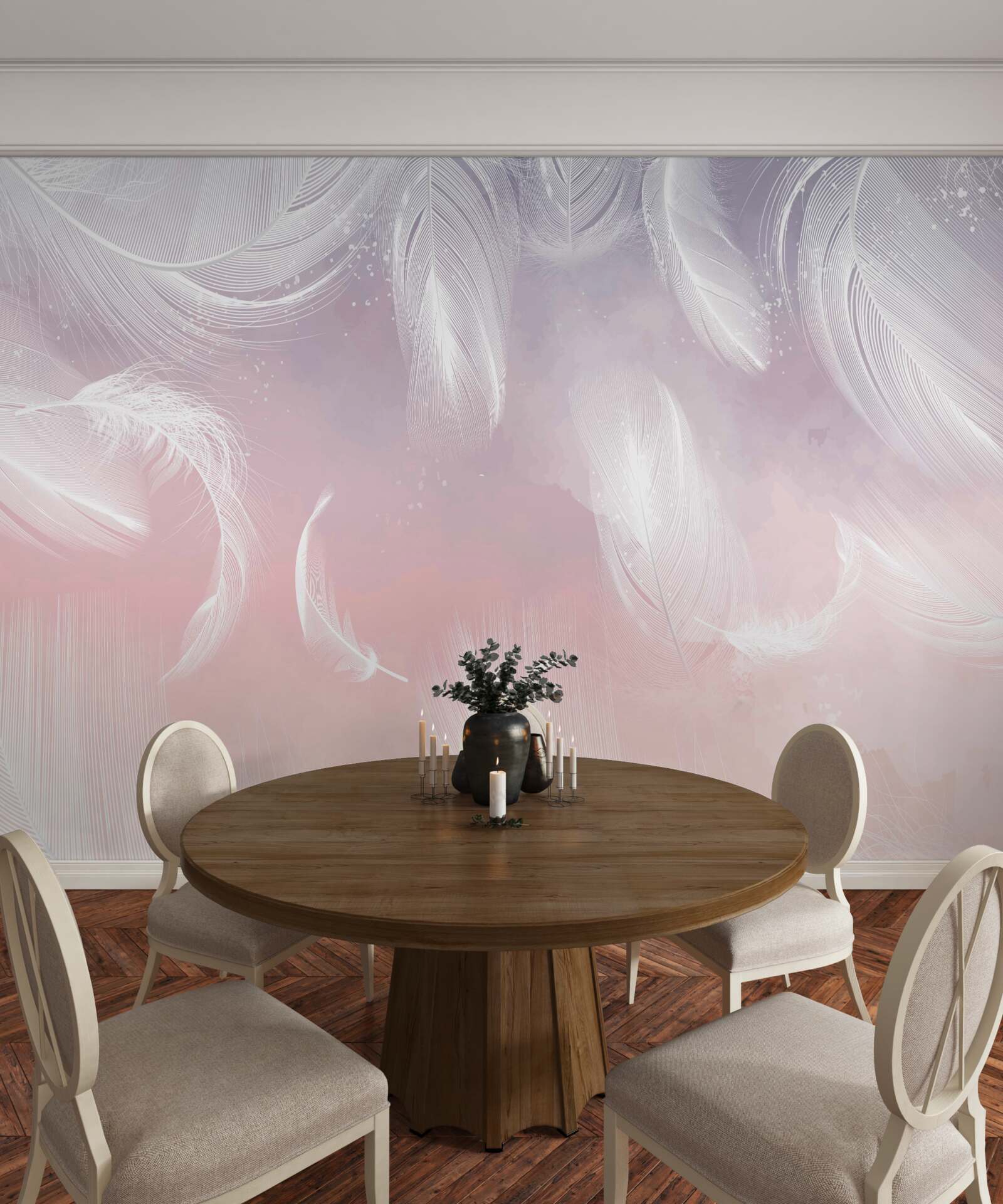 Papier peint plumes blanches flottant dans le coucher de soleil