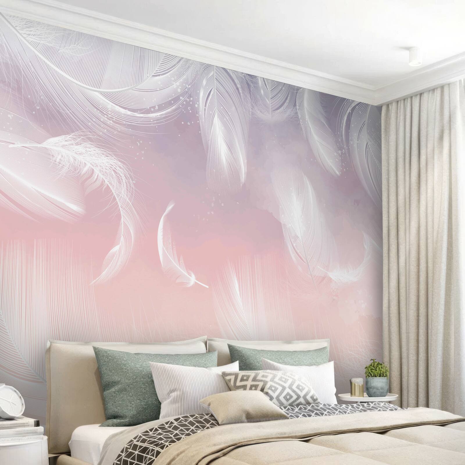 Papier peint plumes blanches flottant dans le coucher de soleil