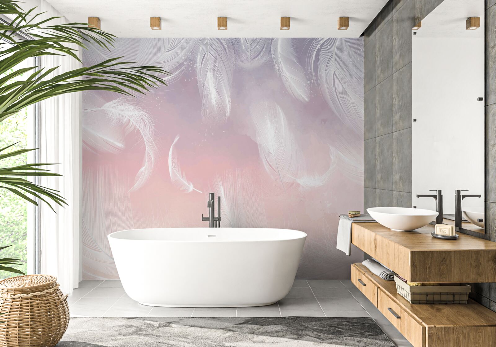 Papier peint plumes blanches flottant dans le coucher de soleil