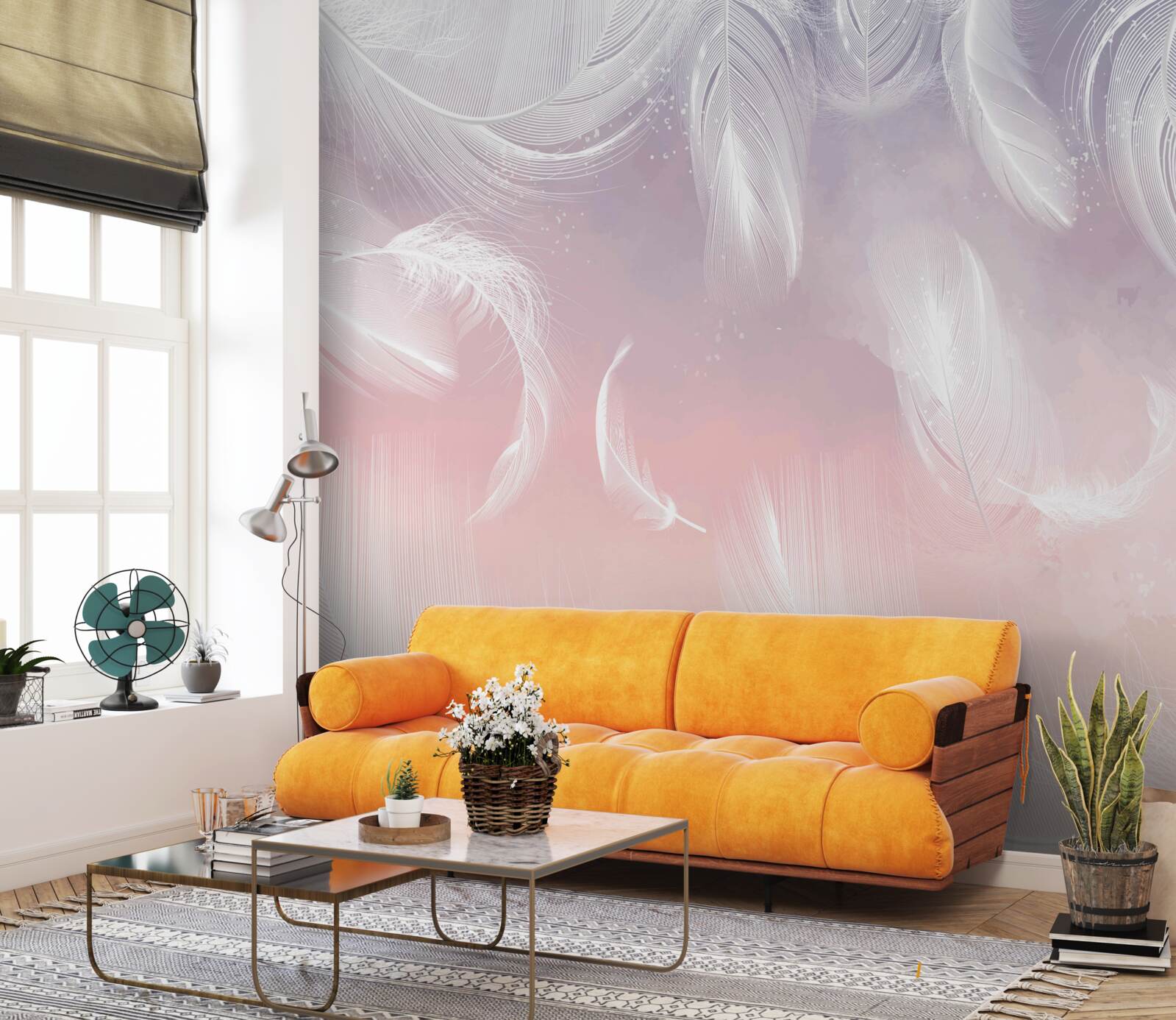 Papier peint plumes blanches flottant dans le coucher de soleil