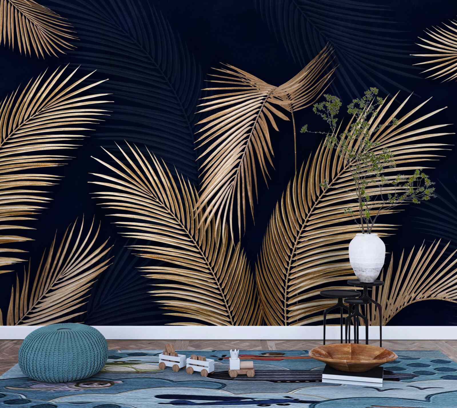 Papier peint fond sombre décoré de plumes d'or