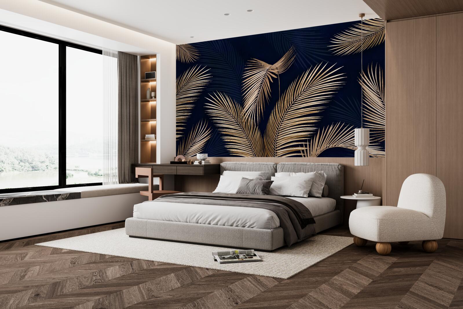 Papier peint fond sombre décoré de plumes d'or