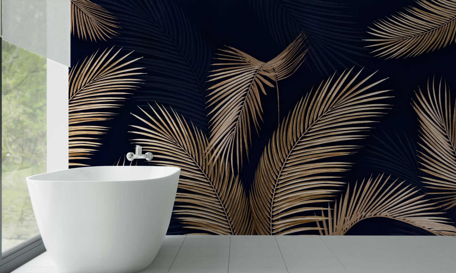 Papier peint fond sombre décoré de plumes d'or