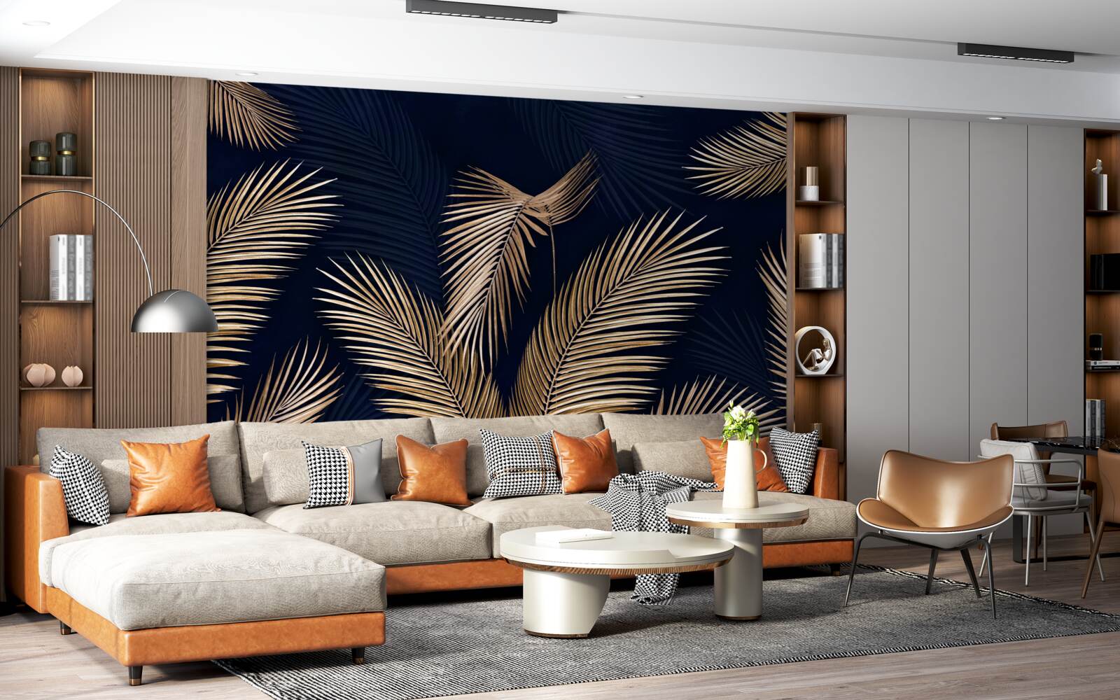 Papier peint fond sombre décoré de plumes d'or