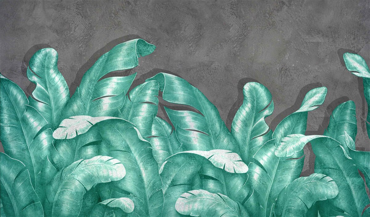 Papier peint grandes feuilles de fougère, peintes dans une teinte émeraude