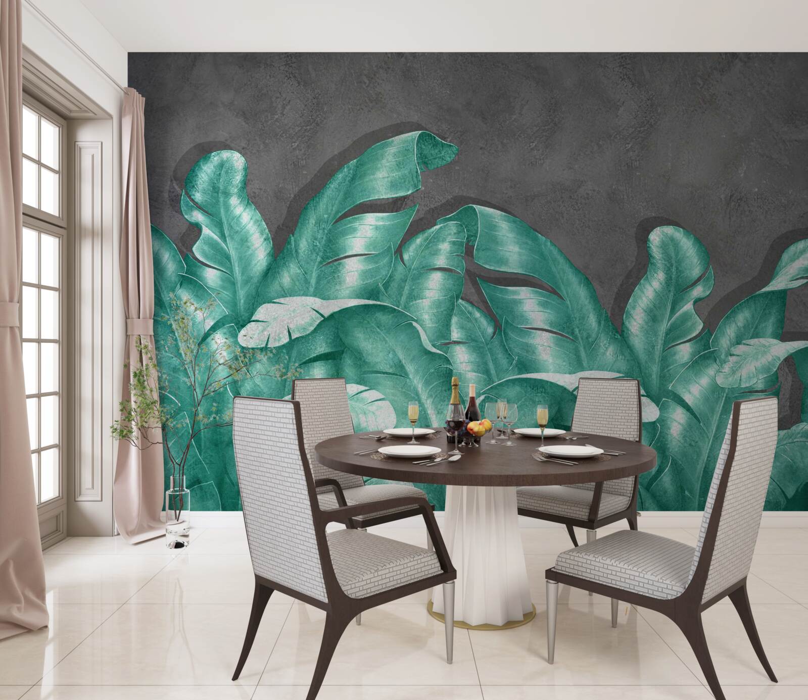 Papier peint grandes feuilles de fougère, peintes dans une teinte émeraude