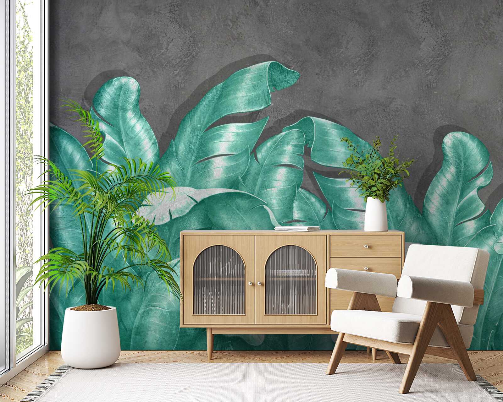 Papier peint grandes feuilles de fougère, peintes dans une teinte émeraude