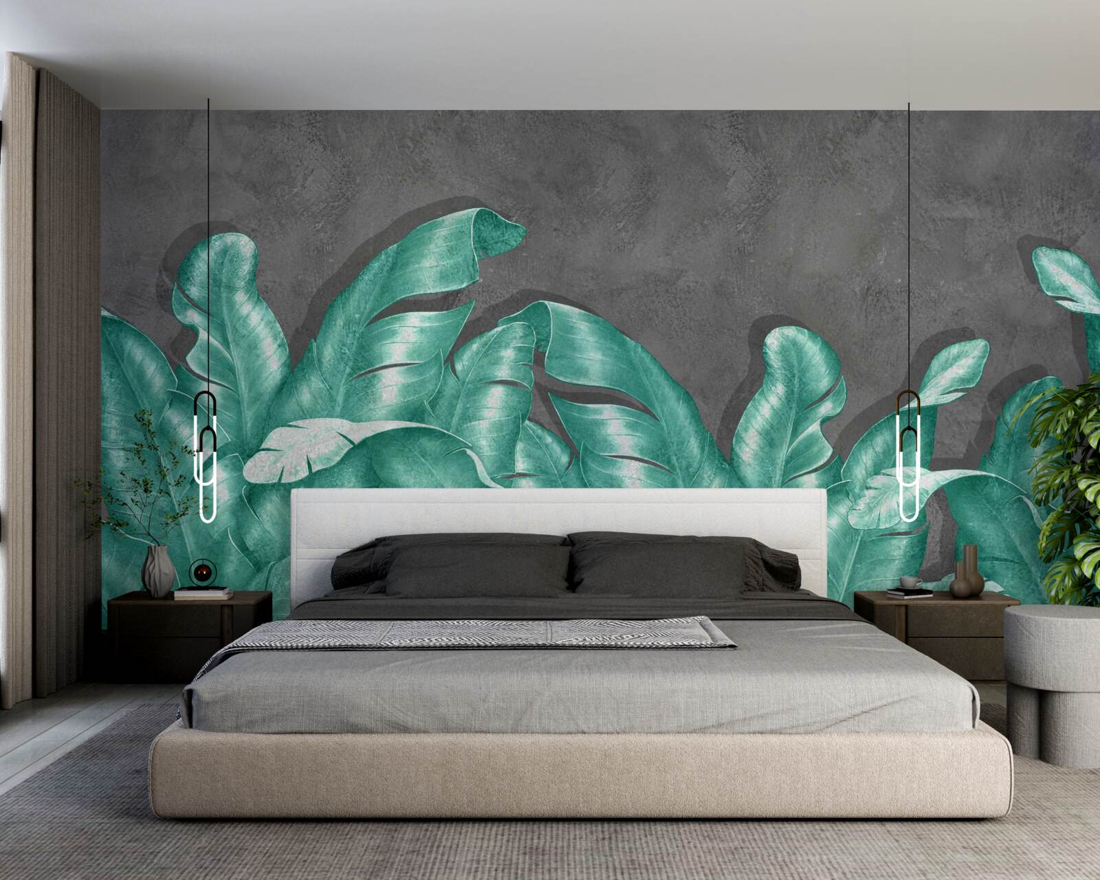 Papier peint grandes feuilles de fougère, peintes dans une teinte émeraude