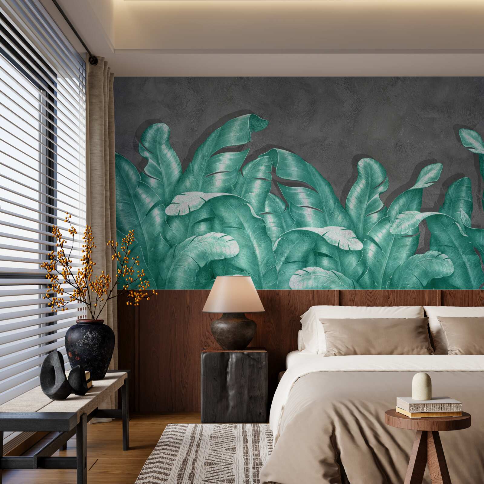 Papier peint grandes feuilles de fougère, peintes dans une teinte émeraude