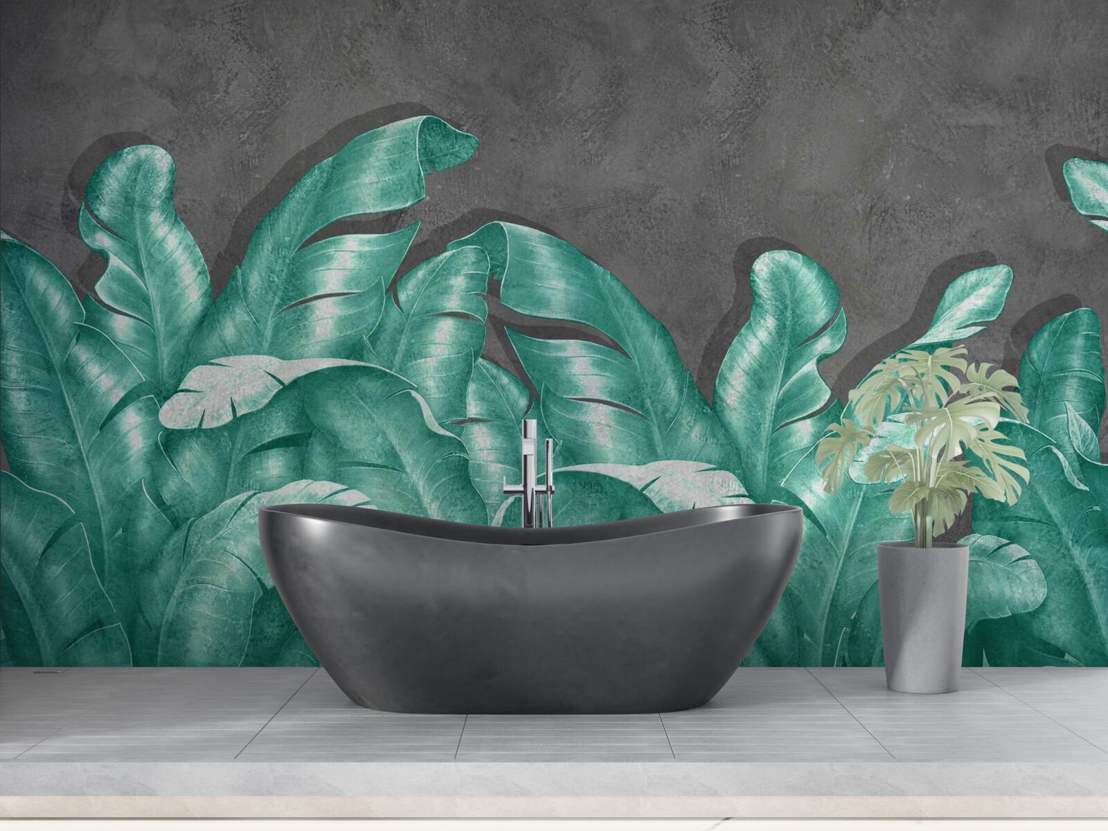 Papier peint grandes feuilles de fougère, peintes dans une teinte émeraude