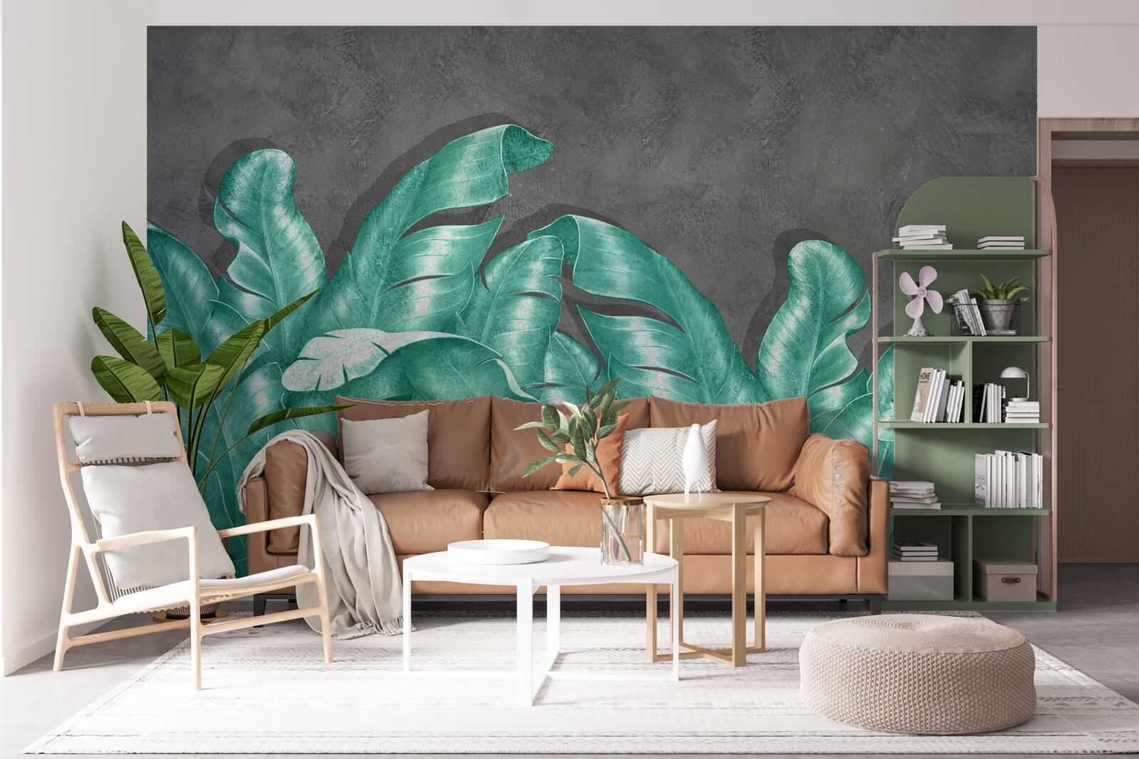 Papier peint grandes feuilles de fougère, peintes dans une teinte émeraude