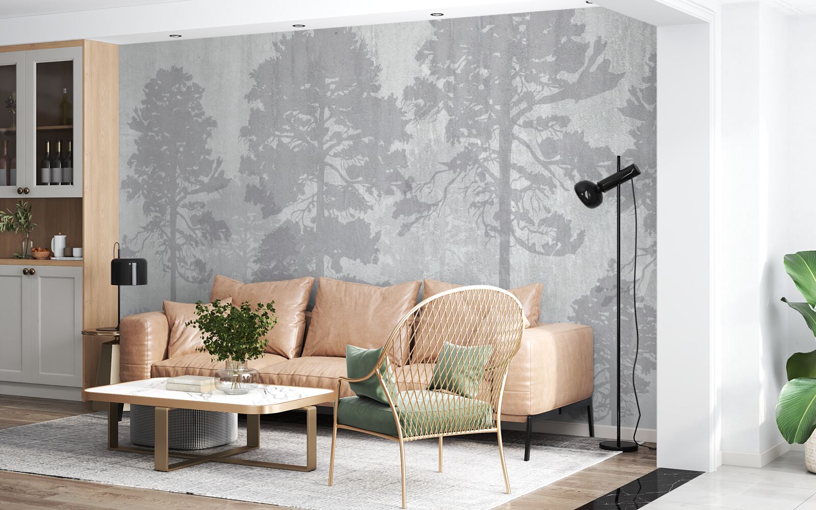 Papier peint Les contours brumeux des arbres de la forêt à l'orée paraissent élancés