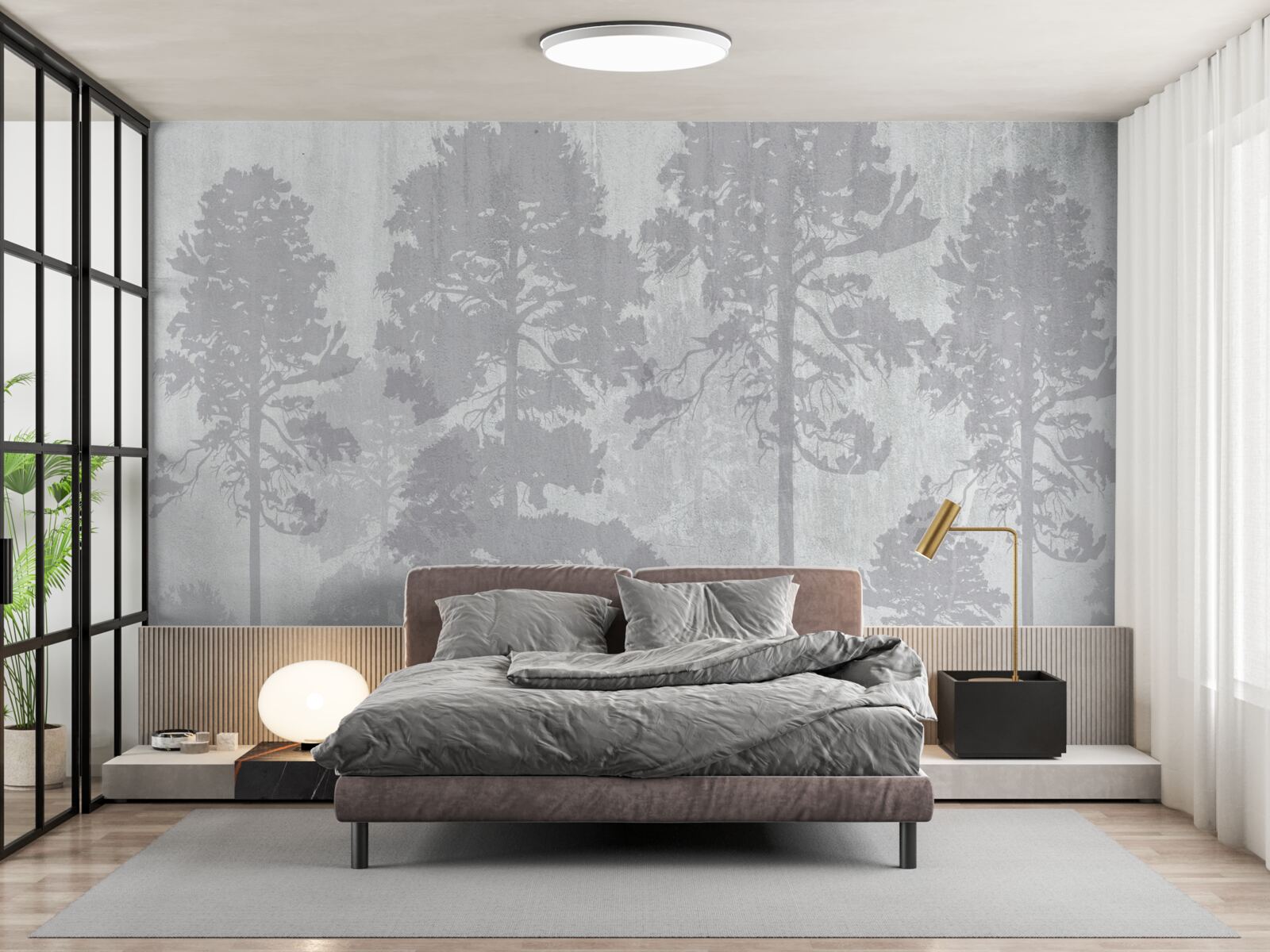 Papier peint Les contours brumeux des arbres de la forêt à l'orée paraissent élancés