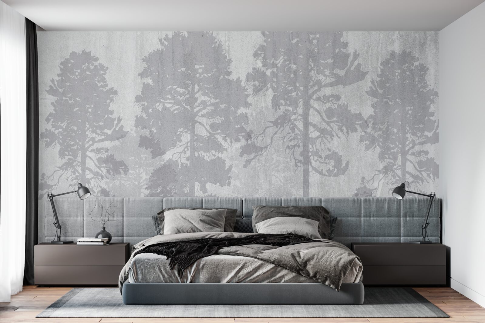 Papier peint Les contours brumeux des arbres de la forêt à l'orée paraissent élancés