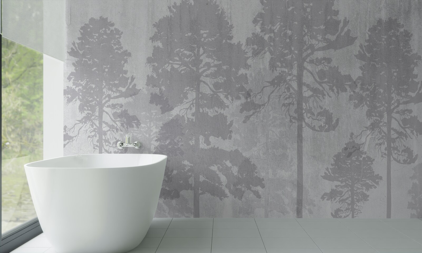 Papier peint Les contours brumeux des arbres de la forêt à l'orée paraissent élancés