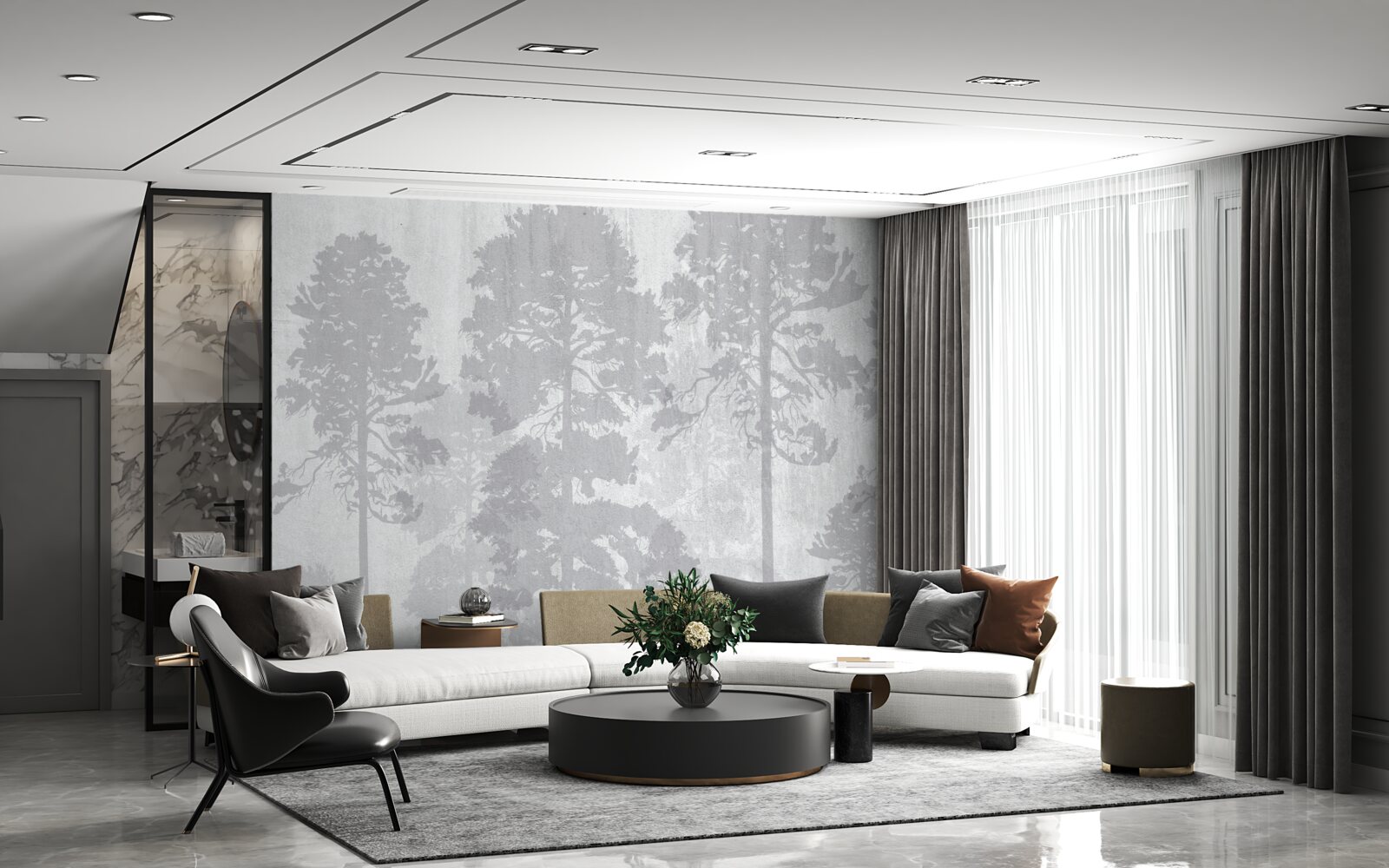 Papier peint Les contours brumeux des arbres de la forêt à l'orée paraissent élancés